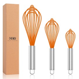 OYV Orange Silicone Whisk, Professional Whisks For Cooking Non-Scratch, Stainless Steel & Silicone Wisk, Plastic Rubber Whisk Tool For Nonstick Cookware Pans, BPA free, Silicon Wisks Set of 3