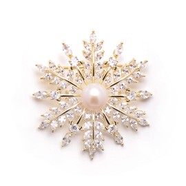 10 MM Freshwater Pearl Cubic Zirconia Crystal Snowflake Brooch for Women, 18K Yellow Gold Plating