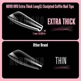 NOVO OVO L Sculpted Thick Coffin Nail Tips for Flat Nails, Extra Thick Long False Nails Press on, Full Cover Soft Gel Extension Fake Nail for Acrylic kit, Clear X 15 Sizes 450pcs