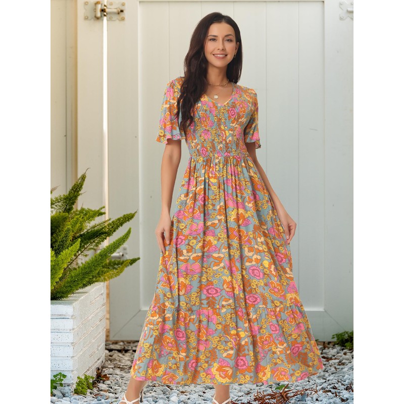 Seta T Women's Summer Dresses Casual Floral Short Sleeve V