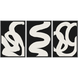 SIGNWIN Framed Canvas Print Wall Art Set Monochrome White Brushstroke Abstract Trio Illustrations Modern Bohemian Scenic Colorful Ultra for Living Room, Bedroom, Office - 24"x36"x3 Black