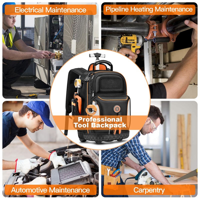 Rolling Backpack Tool Bag with Wheels, Heavy Duty Electrician's Tool
