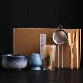 6PCS Matcha Whisk Set, Japanese Matcha Bowl, Bamboo Whisk, Scoop, Spoon, Sifter, Whisk Holder Yaobian (Powder Blue)
