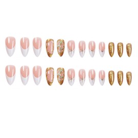 FORBELOVED NAILS|Sparkly White French Tip Press On Nails|Medium Almond Stick on Nails|Glossy 3D Gold Swirl And Floral False Nails For Women And Girls|12Sizes - 24Pcs with Glue|(Gold)