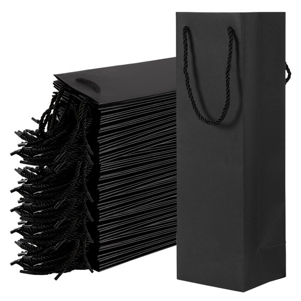 WUWEOT 50 Pack Black Wine Gift Bag, Wine Tote Bags Bulk Kraft Paper Bag with Handles for Party, Shopping, Retail Merchandise