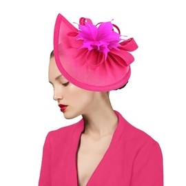 dressfan Fascinator Hat Womens Vintage Wedding Headband Headpiece Derby Hat,20s 50s Mesh Feather Flower Hair Clips Headwear for Kentucky Derby/Wedding/Cocktail/Tea Party,Fushia