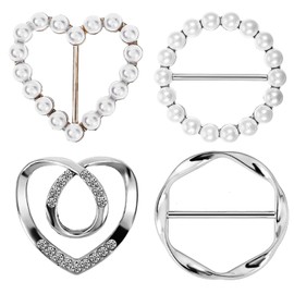 4Pcs Scarf Ring Clip Shirt Clip Clothes Corner Knotted Button For Women Fashion Rhinestone Round Circle Clip Belt Buckle With Pearl Rhinestone Clothing Ring Wrap Holder For Lady Girls Women (Silver)