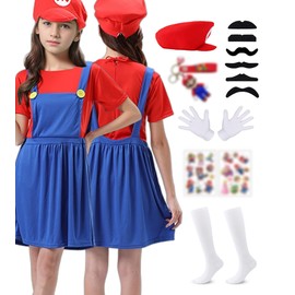 ChouGlow Mario and Luigi Costume Adults/Children (Child's Girl Red, XL)