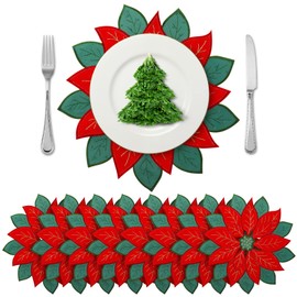 8 Pieces Christmas Placemats Xmas Round Placemats Christmas Table Mats Holiday Poinsettia Placemats Embroidered Flower Doilies Washable for Dining Party Family Dinner Decorations, 11.8 Inches