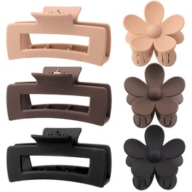 6PACK Claw Clips For Women- Large Rectangle Hair Claw and Matte Flower Hair Clips for Thick Hair