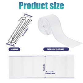 Curtain Pleat Tape, 33 Feet Pleater Tape for Curtains, Included 30 Pcs Stainless Steel 4 Prongs Curtain Pleater Hooks for DIY Pinch Pleat Curtain (White)