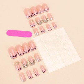 24Pcs Pink French Tips Press on Nails Short Square Fake Nails with Gold Bow Rhinestones Designs Stick on Nails Cute Summer False Nails Glossy Full Cover Acrylic Glue on Nail for Women Girl Manicure