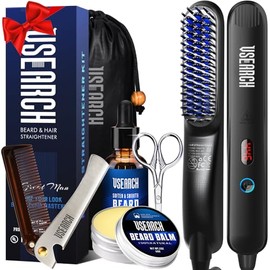 Plancha térmica para barba para hombre | 5 Temp Settings, 30s Fast Heat, Anti-Scald Straightening Comb for Curly Coarse Beards, Grooming Gifts Set for