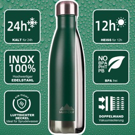 Mont-Clair H2O Stainless Steel Drinking Bottle - Thermos Flask - BPA-Free - Water Bottle, Stainless Steel Drinking Bottle 500 ml - 24 Hours Cold & 12 Hours Warm - Leak-Proof Drinking Bottle - Dark Green
