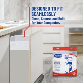 Plastico Compactor Bags for 15” Rectangular Trash Compactors, 10 Bags + 10 Twist Ties, Heavy Duty 3 Mil Thick Plastic, 18 Gallon, Pre-Punched Holes for Easy Attachment, Strong & Flexible Crushing