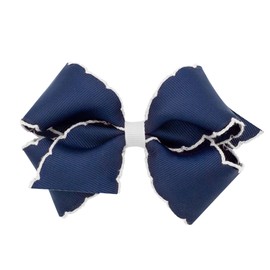 Wee Ones Girls' Grosgrain Hair Bow with Contrasting Moonstitch Edge and Wrap on a WeeStay Hair Clip, Small, Navy with White