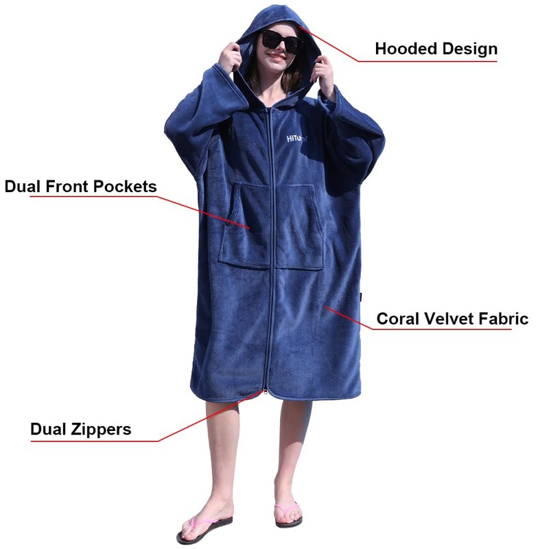 Hiturbo Surf Poncho Zipper Towel Hoodie: Oversized Hooded Wetsuit Changing