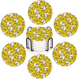 Yellow Duck Set of 6 Coasters Absorbent Ceramic Drink Mats with Cork Base & Metal Holder, Spill Protectors for Mugs/Cups, Cheerful Home/Bar Decor