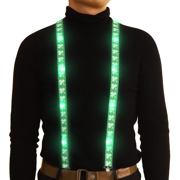DRESBE St. Patrick’s Day LED Suspenders Green Light Up Shamrock