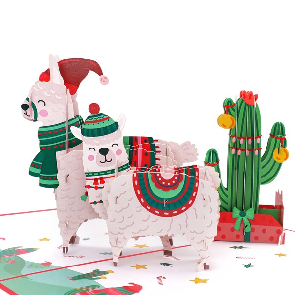 MOKIO® Carte de Noël Pop-Up – Lamas de Noël avec cactus – Carte de vœux 3D pour Noël, comme bon ou pour des cadeaux d’argent, carte cadeau de Noël fait main avec enveloppe