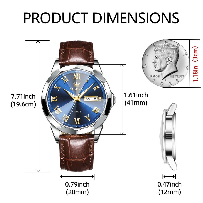 OLEVS Watches for Men Leather Watch Brown Watch Blue Face