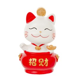 Maneki Neko Statue - Cute Shaking Head Money Lucky Cat, Caishen Cat, Wealth Cat Figurine