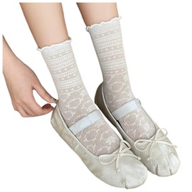 [NazyJnn] 高弾力レースソックス レディース かわいい無地くしゅくしゅ靴下 通気性 滑り止め付き 快適フィット ソフトゴム口 ホワイト