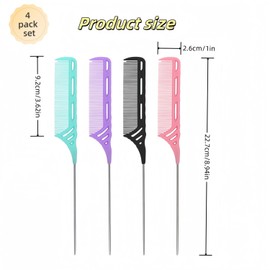 4 Pcs Rat Tail Comb Set Steel Pin Rat Tail Carbon Fiber Heat Resistant Teasing Combs with Hollow Design, Metal Parting Fine Tooth Hair Combs for Women,4 Colors Styling Comb for Precision Hair Styling
