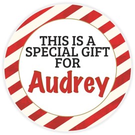 This is a Gift for Audrey - 100 Pack Circle Stickers 3 Inch - Candy Cane Merry Christmas Gift Tag Present Tree Holiday Custom Name Santa Claus