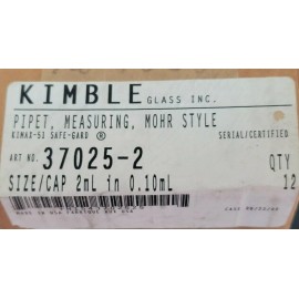 KIMBLE GLASS INC BOX OF 12 SEALED KIMBLE GLASS INC. 37025-2 PIPET, MEASURING, MOHR STYLE 2mL IN 0