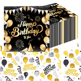 VEGCOO 40 Sheets Birthday Napkins for Table Decoration Birthday, 33 x 33 cm Napkins Black Gold, Birthday Parties for Men and Women, Happy Birthday Napkins, with Black Gold Confetti
