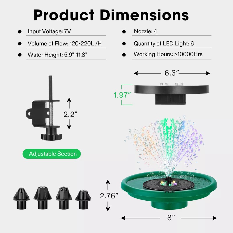 VIVOSUN 8" Solar Colorful Bird Bath, Solar Powered Pond Fountain