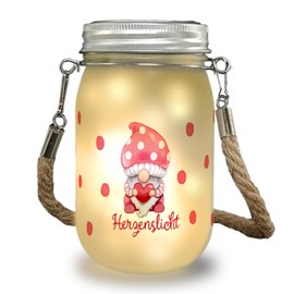 speecheese Gnome Solar Light with Saying Heart Light, A Romantic Light for the Christmas Season, Heart Mushroom Decorative Light Motif, Decorative Lamp, Preserving Jar, Solar Knitted Handle