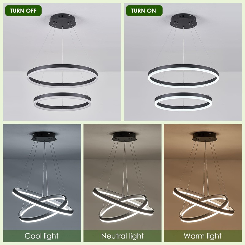Benkut 2-Rings Modern LED Chandelier Black for Dining Room, Circular