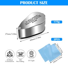 DAWRIS Jeweller's Loupe Magnifier, Folding Magnifier with LED and UV Light, 40x Magnification Metal Folding Magnifier with LED UV Light for Diamonds, Jewelers, Coins, Stamps, Photos