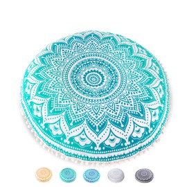 Mandala Life ART Yoga Decor Floor Cushion Cover - Round Medition Pillow Case - Hand Printed Organic Cotton Pouf (Turquoise Lotus)