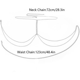 Cubahop Sparkle Crystal Chest Chain Bra Bikini Chain Harness Body Chain Summer Beach Nightclub Jewelry Adjustable for Women and Girls (Silver)