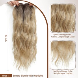 MORICHY Hair Toppers for Women 20inch Long Wavy Hair Toppers Hair Pieces for Women Synthetic Wiglets Hair Topper with Bangs Clip in Hair Toppers for Thinning Hair Buttery Blonde with Highlights