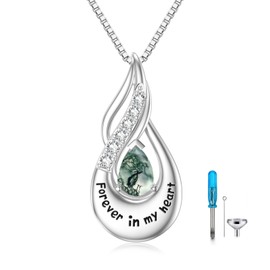 Flpruy fba Cremation Jewelry Custom Urn Necklace for Ashes for Women Sterling Silver Teardrop Moss Agate Infinity Memorial Necklaces Forever in My Heart Ashes Keepsake Jewelrys