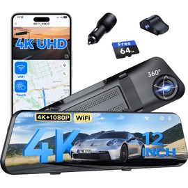 4K Mirror Dash Cam,Rear View Mirror Camera with WiFi,Dash Cam Front and Rear for Car,G-Sensor,7/24H Parking Mode,12" Touch Screen,Includes 64GB Card