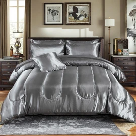 Bedding_Dreamer Silk Like Grey Comforter Set with Sheet Sets Queen 8 Pieces Satin Bedding Silky Bed-in-a-Bag Luxury Hotel Silky with 1 Cushion Cover