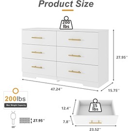 6 Drawer Dresser Modern Chest of Drawers Storage Organizer for Bedroom Living Room Closet TV Stand Combination Cabinet with Wide Top Surface and Anti-Tip Device, White