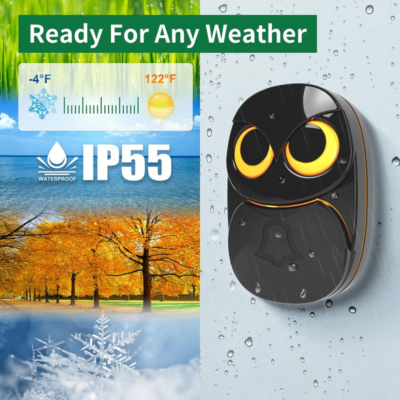 Wireless Doorbell, Cute Owl Doorbell Weatherproof IP55 Outdoor Remote Push