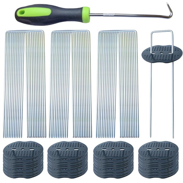 WANSRUYI 200Pcs Landscape Staples with 200 Gasket with 1Pick Hook,