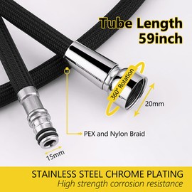 Kitchen Pull Down Faucet Hose Replacement Parts, M15*1mm X G1/2 X 150cm Black Pull Out Sink Spray Hose Anti Entanglement with 3/4” Connector