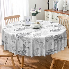 TTQYFNM Black White Leaves Round Tablecloth 70 Inch Leaf Sketch Decorative Circle Table Cloth Spill Proof Waterproof Fabric Table Cover for Home Kitchen Dining Room Living Room Indoor Outdoor Use