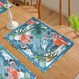 Flamingo Placemats Set of 6 Tropical Palm Leaf Plants Table Mats Floral Leaves Place Mats 12x18 Inch for Party Kitchen Dining Restaurant Decoration