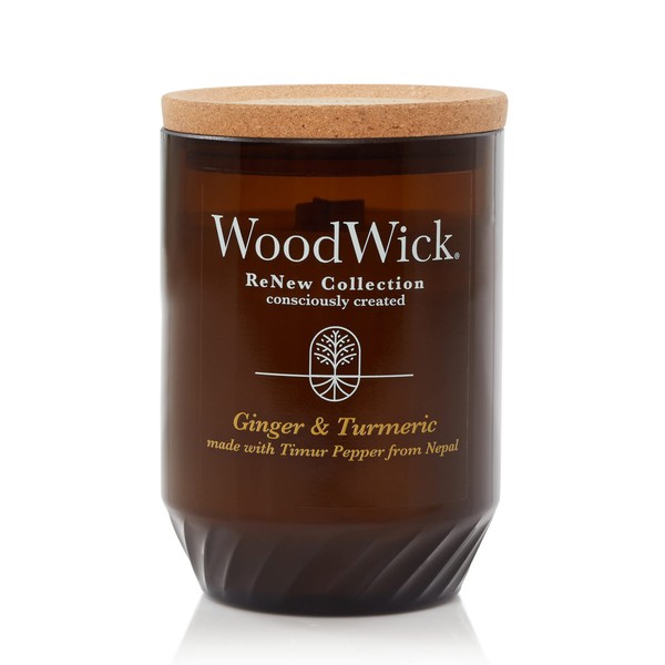 WoodWick® Renew Large Candle, Ginger & Turmeric Scented Candles, 13oz, Made with Upcycled Materials and Essential Oils, Up to 75 Hours of Burn Time