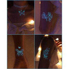 Glow In The Dark Butterfly Temporary Tattoos for Women Girls, 7 Sheets Blue Luminous Flower Butterflies Wings, Waterproof Face Body Arm Stickers Party Decorations Favors