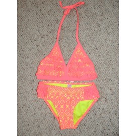 Justice 2 Piece Swim Suit  Bikini Swimsuit Coral Pink Yellow Girls 5 6